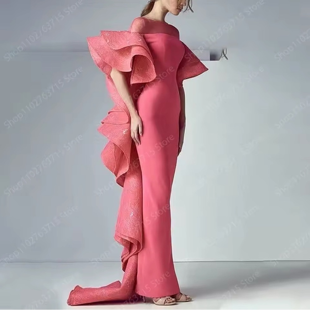 Asymmetrical Pink Ruffled Gown for Weddings